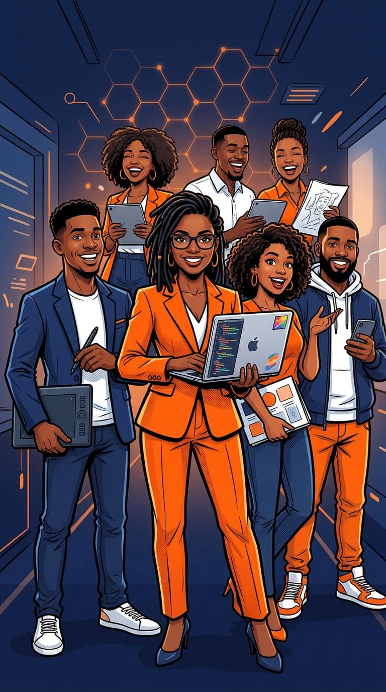 Illustration of the Mocky Digital creative and technology team in Nairobi with laptops, tablets and design work
